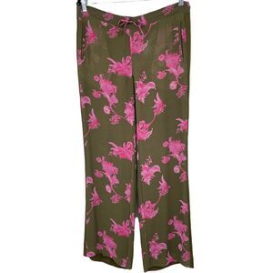 Kevork Kiledjian Semi Sheer Brown Pink Floral & Tiger Print Pull On CoverUp Pant